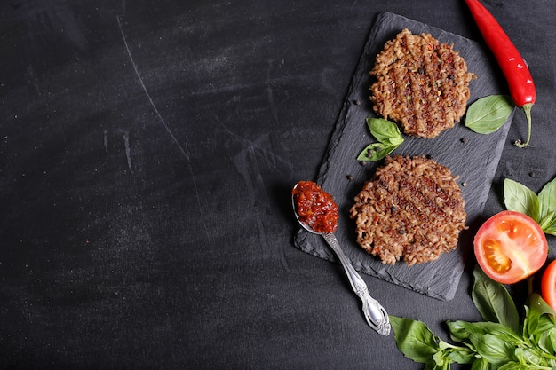 hamburger on wooden table background