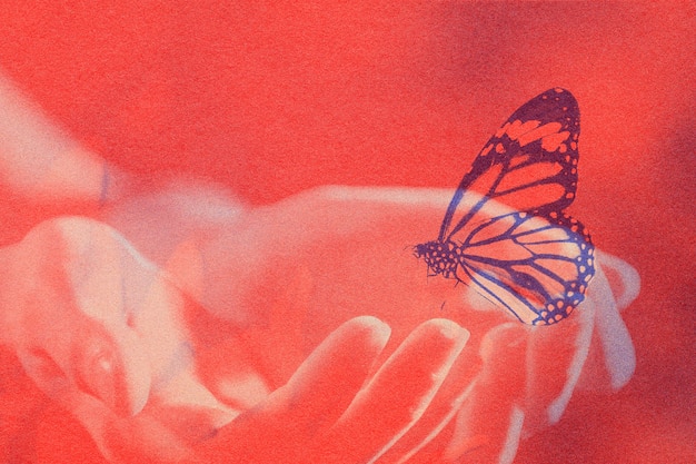 Free Photo hand and butterfly double exposure with risograph effect remixed media