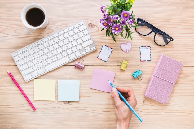 Hand on cute desktop with keypad coffee and stationary