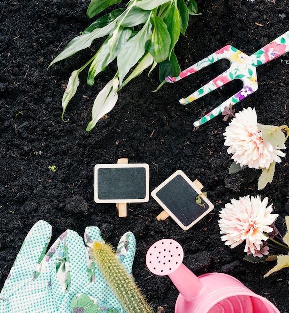 Free Photo hand gloves; watering can; flowers; gardening fork; and plants on black dirt