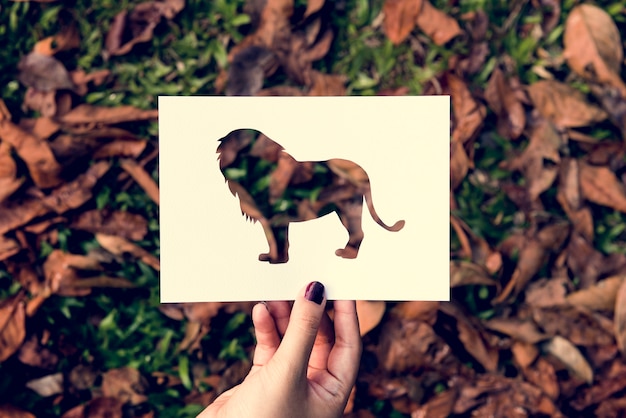 Hand Hold Lion Paper Carving with Grass Background