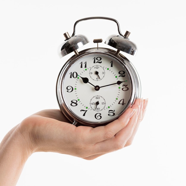 Hand holding alarm clock