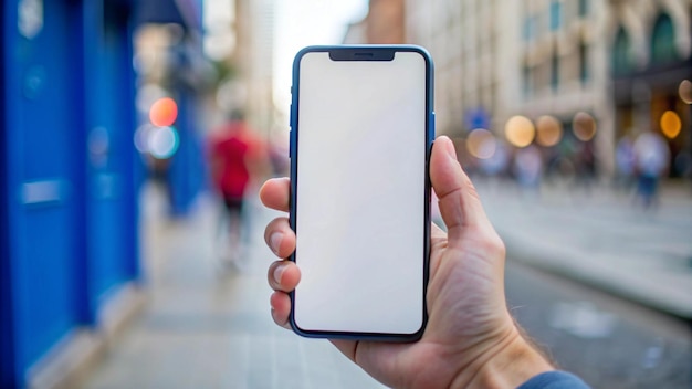 Free Photo hand holding a blank smartphone screen in the city