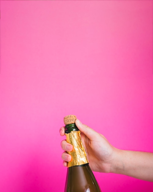 Hand holding a bottle of champagne