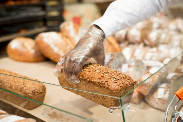 Hand holding bread on blurred background