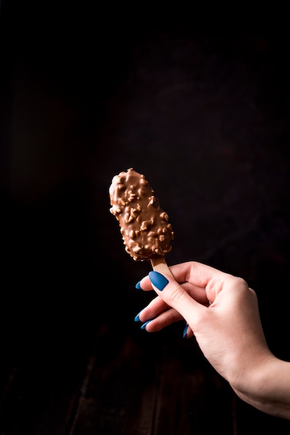 Hand holding chocolate ice cream