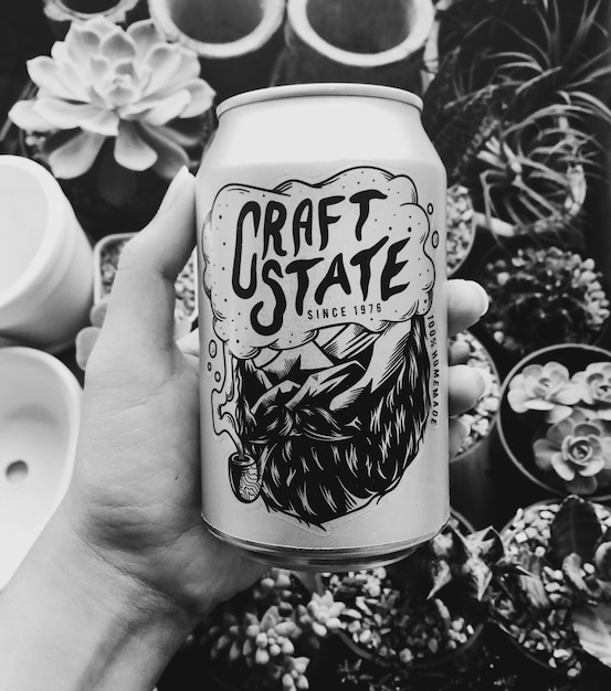 Free photo hand holding craft state beer can with houseplants background