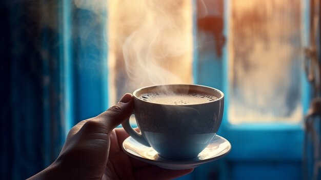 Hand holding delicious coffee cup