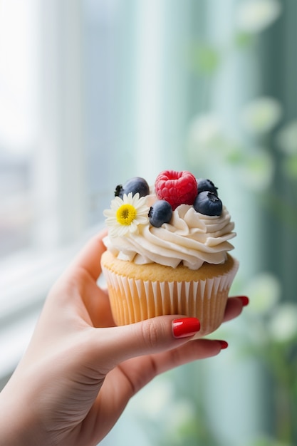 Free photo hand holding delicious cupcake with berries