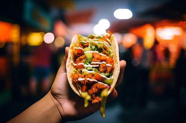 Free Photo hand holding delicious taco outdoors