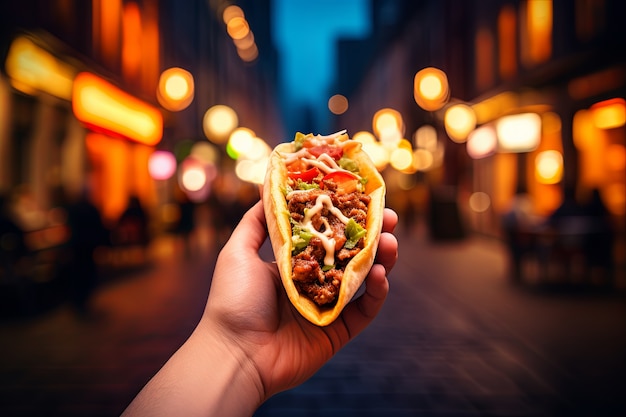 Free photo hand holding delicious taco