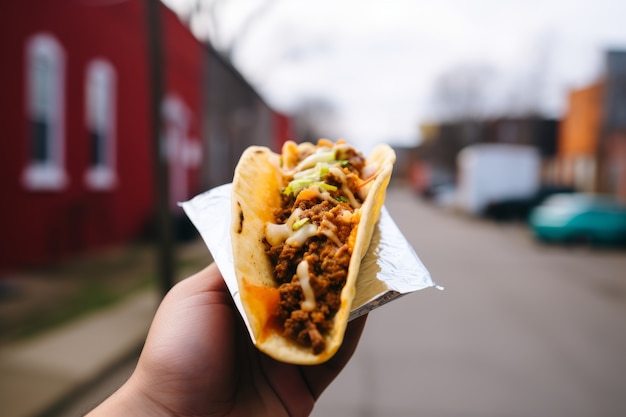 Free Photo hand holding delicious taco