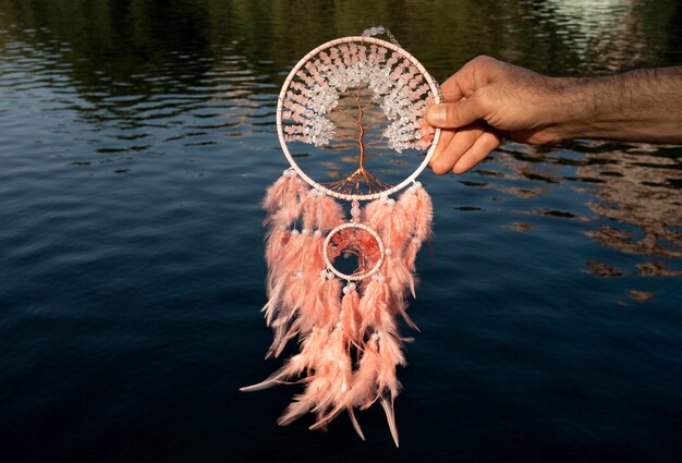 Hand holding dream catcher outdoors