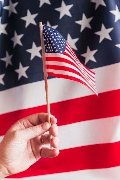 Hand holding flagpole with American flag