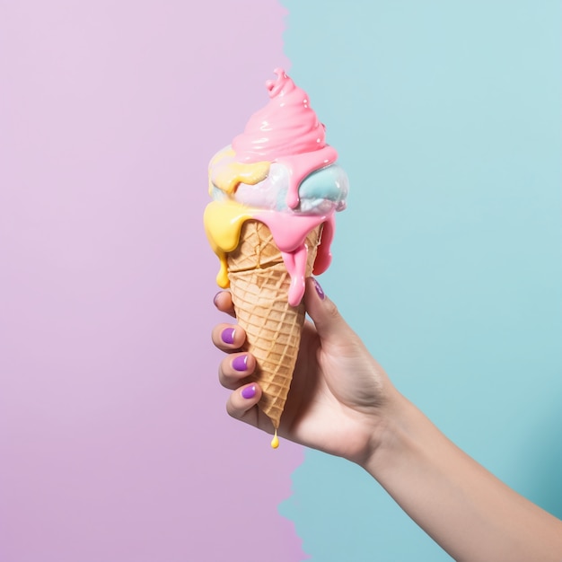 Free photo hand holding melting ice cream