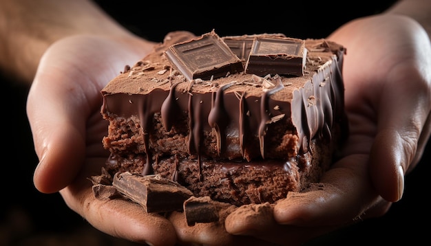 Free Photo hand holding a slice of dark chocolate indulgence in unhealthy eating generated by artificial intellingence