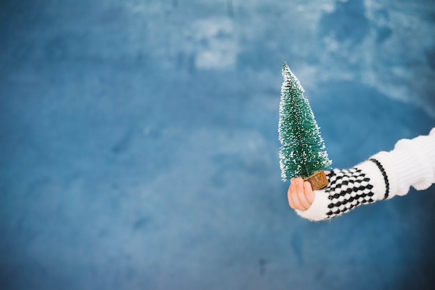 Free Photo hand holding small christmas tree and space on left