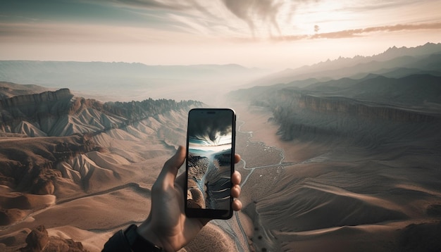 Hand holding smart phone captures mountain beauty generated by AI