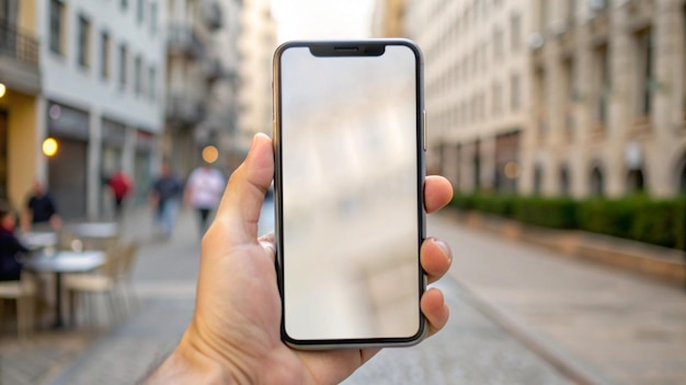 Free Photo hand holding a smartphone with blank screen against a blurred city background