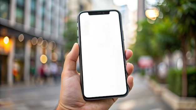 Hand holding a smartphone with blank screen on blurred background