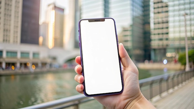 Free Photo hand holding a smartphone with a blank screen blurred city background