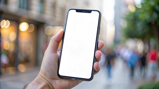 Hand Holding Smartphone with Blank Screen in City Setting