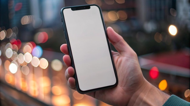 Free photo hand holding smartphone with blank screen in front of city lights