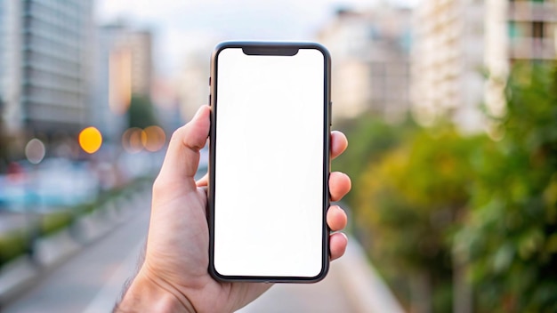 Hand holding smartphone with blank screen