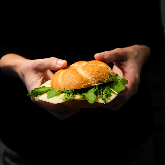 Hand holding tasty bagel with lettuce