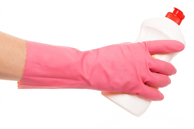 Hand in a pink glove holding liquid