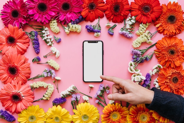 Free photo hand pointing at smartphone in flowers