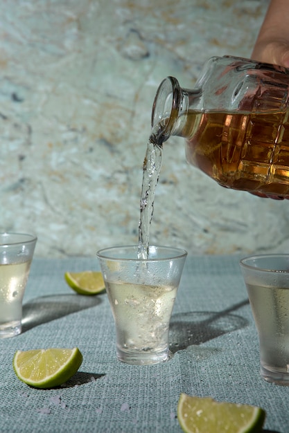 Free photo hand pouring tequila in cup