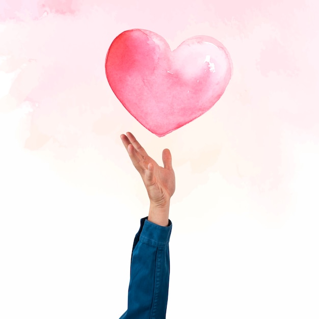 Hand presenting heart for Valentines&rsquo; celebration watercolor illustration