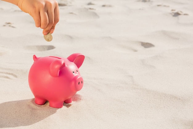 Free photo hand putting a coin in the piggy bank