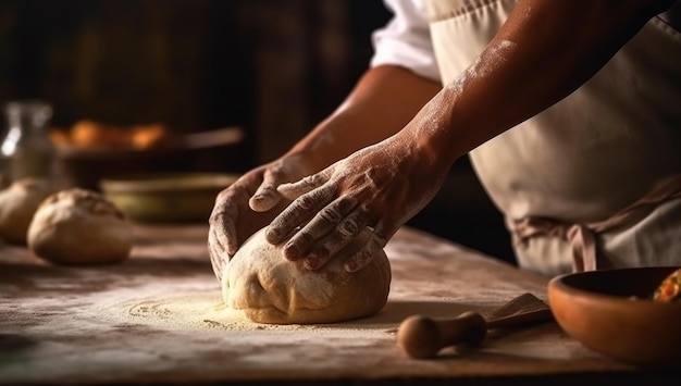 Hand rolling rustic bread dough in homemade kitchen generative AI