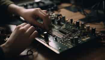 Free photo hand soldering a cpu on motherboard indoors generated by ai