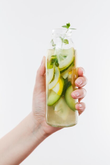 Hand with bottle of fruit lemonade