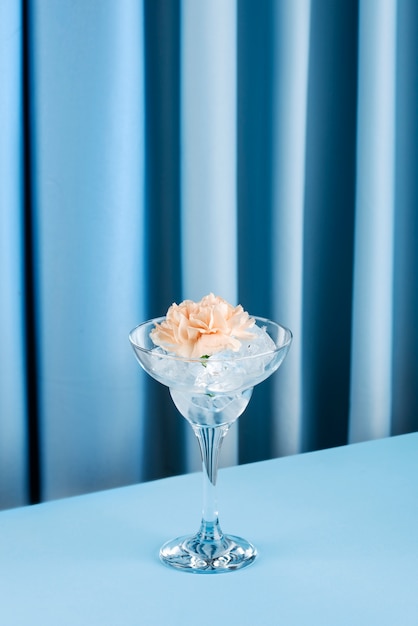 Hand with flower on blue background