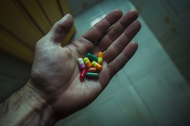 Hand with pills dark environment