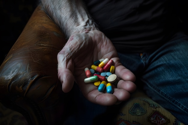 Hand with pills dark environment