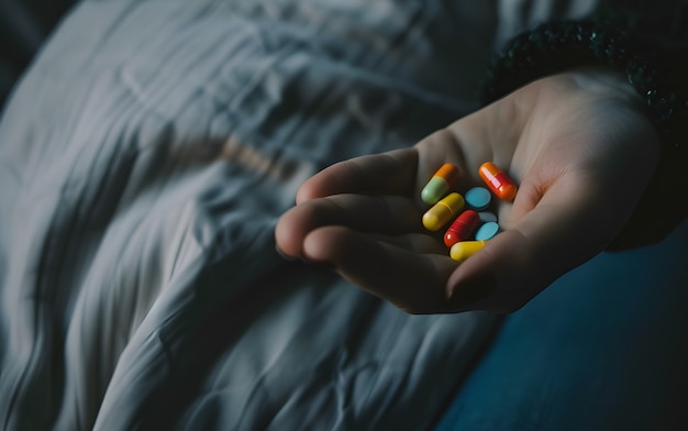 Free photo hand with pills dark environment