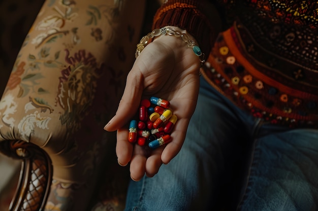 Free photo hand with pills dark environment