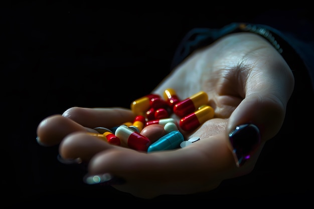 Hand with pills dark environment