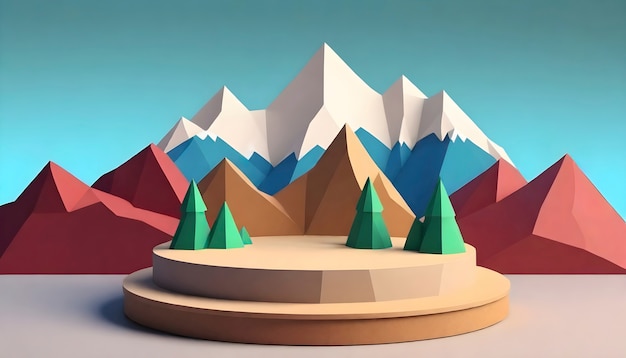 Handcraft mountain in paper style with podium