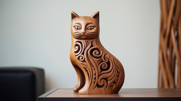 Handcrafted wooden decorative cat sculpture