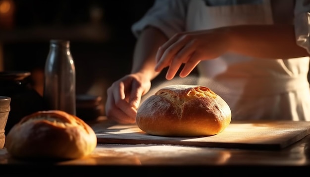 Handmade bread baked fresh rustic kitchen preparation generated by AI