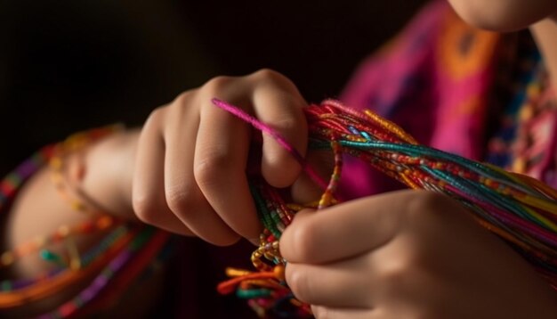 Handmade jewelry woven with multi colored thread generated by AI