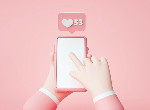 Free photo hands holding a blank smartphone chat love bubbles alert notification cartoon app website ui on pink background 3d rendering illustration