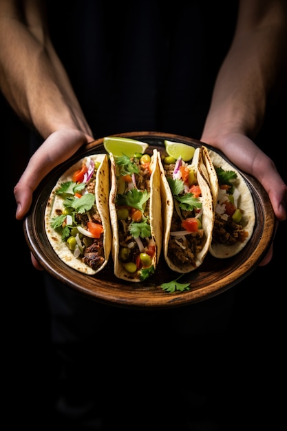 Hands holding delicious tacos