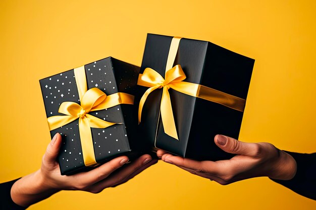 Hands holding gift boxes for black friday on yellow background Concept of sales black friday cyber monday finance business money Online shops and payments bill Copyspace for ad